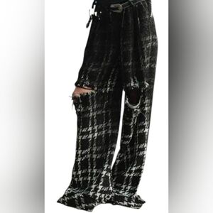 Distressed Black and White Houndstooth wide leg Pants Sz S / 26